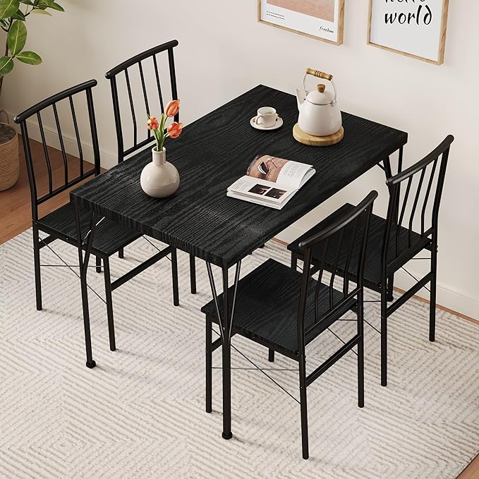 Vipbear Kitchen Dining Table Set for 4, 5-Piece Kitchen Table Set with 1.6“ Thick Tabletop,Dining Room Table Sets,Kitchen Table Set with 4 Chairs for Small Space, Dinette,Apartment,Retro Black