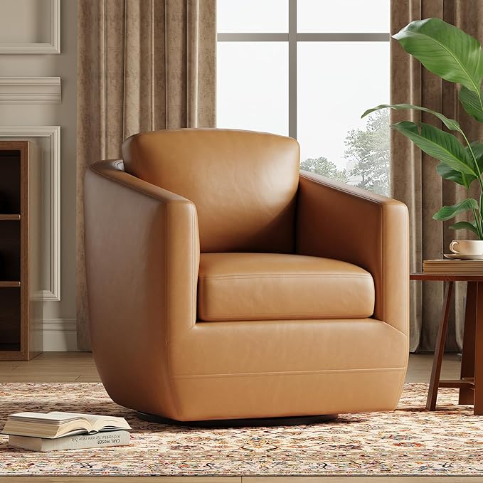 COLAMY 360° Swivel Accent Chair- Comfy Living Room Armchair No-Sag Foam & Sturdy Metal Base with Pillow, Fully Assembled Swivel Accent Single Sofa for Bedroom Living Room, Office, Brown