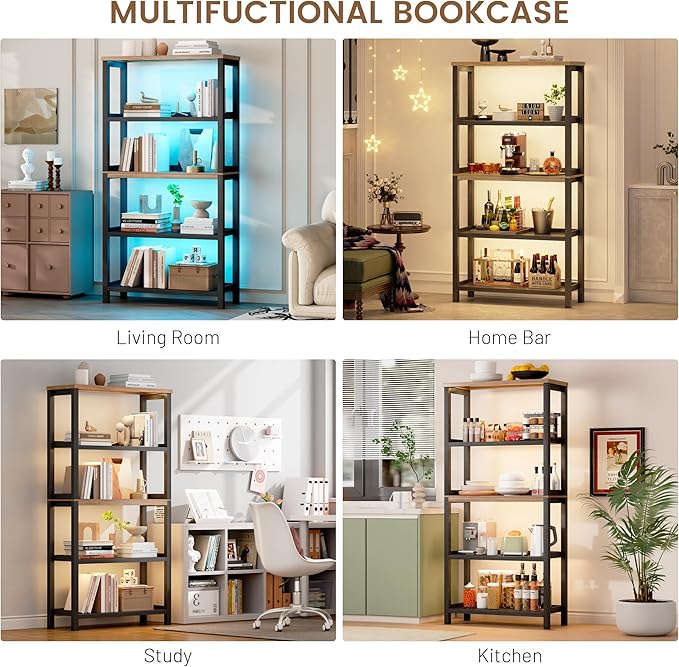 Vlsrka 5 Tier Wooden Bookshelf with Lights, 65" Tall Open Bookcase Storage Rack, Modern Bookshelf with Storage, Free Standing Display Book Shelves for Living Room, Home Office, Black