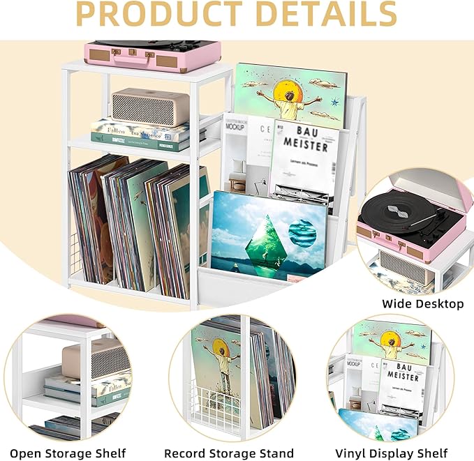 LELELINKY Record Player Table,Turntable Shelf with Vinyl Storage Up to 150 Albums,White Side Table with 3 Tier Magazine Periodical Book Rack,Wide Metal Record Holder Cabinet for Room Office