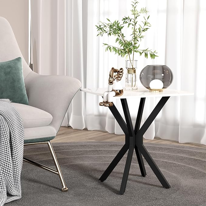 Square Side Table Set of 1, Modern Stylish End Table with Faux Marble Top and Black Metal Legs,Durable Sofa Side Table for Living Room Bedroom