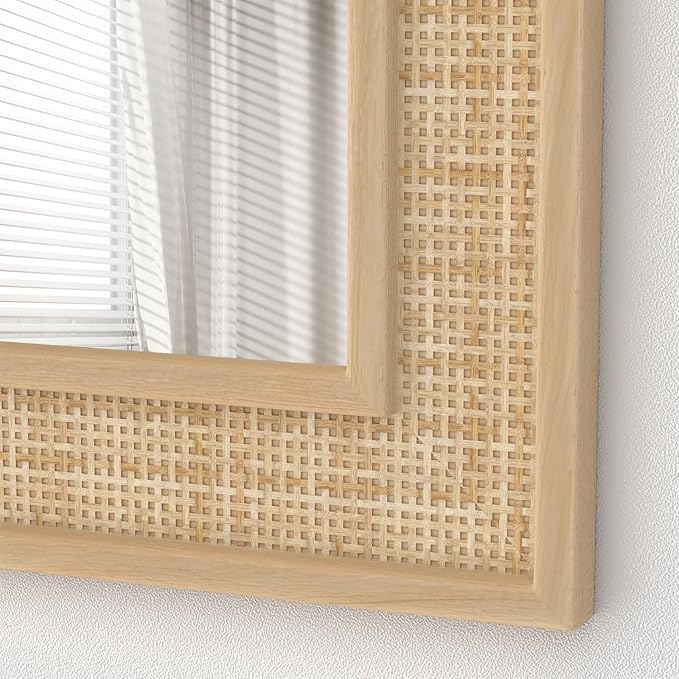 Rattan Wall Mirror with Wooden Framed 18 X 48 inch Farmhouse Rectangle Wood Mirror for Modern Decorative Bathroom, Living Room, Entryway, Bedroom