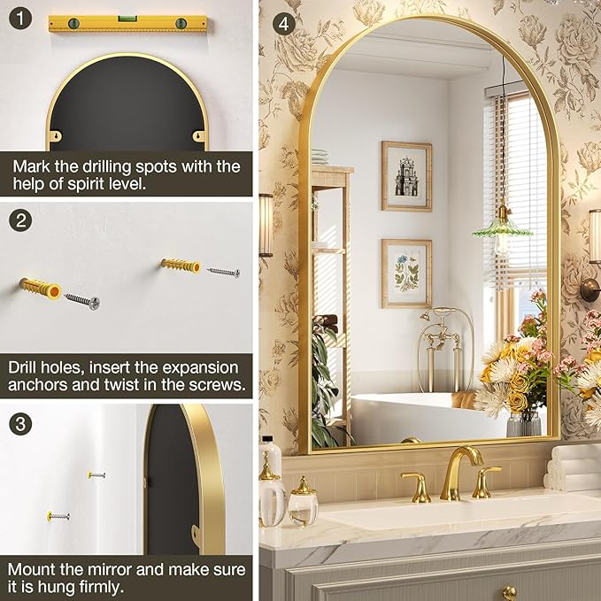 Brightify Arched Mirror, Arched Wall Mirror, 28 x 40 Inch Gold Arch Mirror, Metal Frame Gold Bathroom Mirror, Arched Top Bathroom Vanity Mirror for Living Room Bedroom Mantel Entryway Hallways