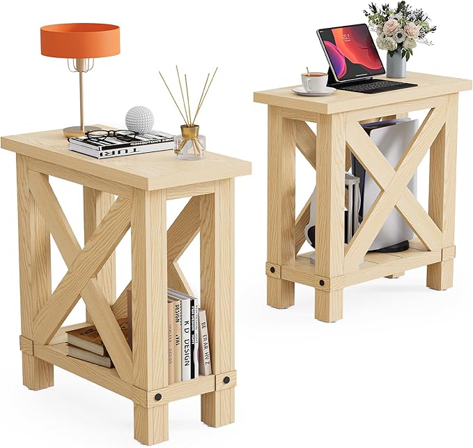 LITTLE TREE Farmhouse Side Table Set of 2, Narrow End Table for Space Saving, Bedside Furniture for Bedroom, Living Room, Small Spaces, Oak