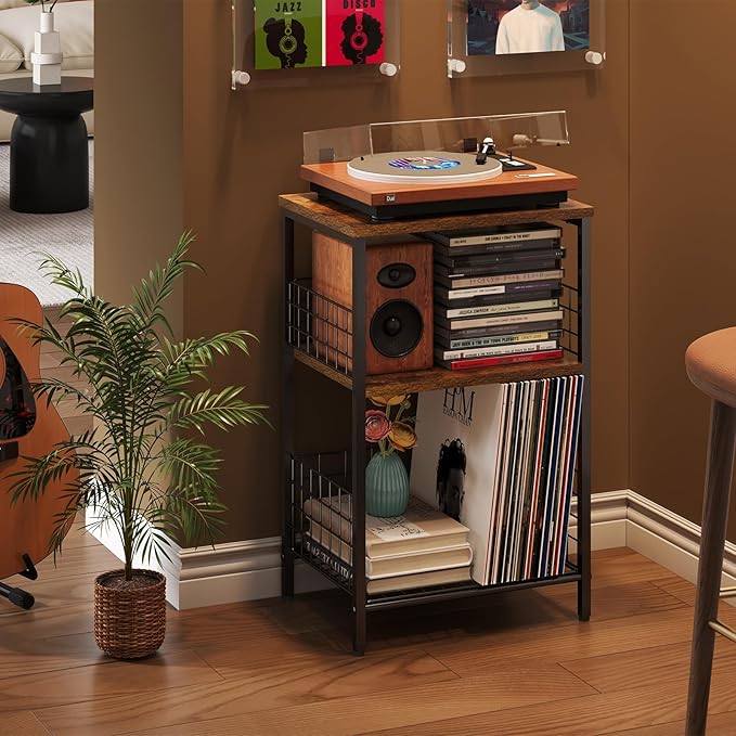 X-cosrack Side Table, Small End Table Record Player Stand with Storage, Vinyl Record Storage Night Stand for Living Room, Bedroom,Office(Patent Pending)(Rustic Brown & Black)