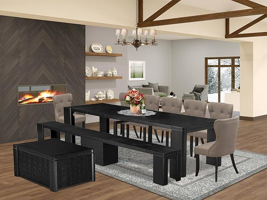 X07SI-BC6-48 - 10-Pc Dining Room Set a Rectangular Kitchen Table with a coffee Table and wooden Bench & 7 coffee Fabric Dining Chairs, 39x120 Inch, Wire Brushed Black