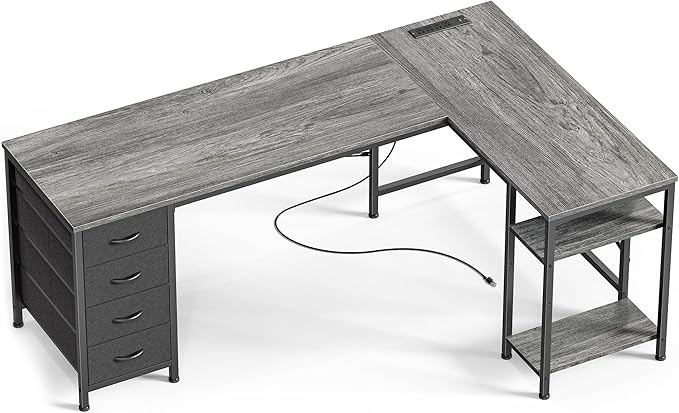 Huuger 63 Inch L Shaped Desk with Fabric Drawers, Reversible Computer Gaming Desk with Power Outlets and USB-C Port, Adjustable Side Storage Shelves, for Work Study Corner Home Office, Grey