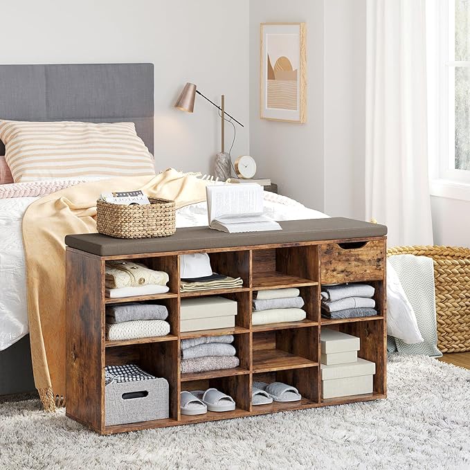 DINZI LVJ Shoe Bench, Entryway Storage Bench with Drawer and 15 Cubbies, Cubby Shoe Rack with Adjustable Shelves, Shoe Organizer Cabinet for Living Room, Bedroom, Mudroom and Garage, Rustic Brown