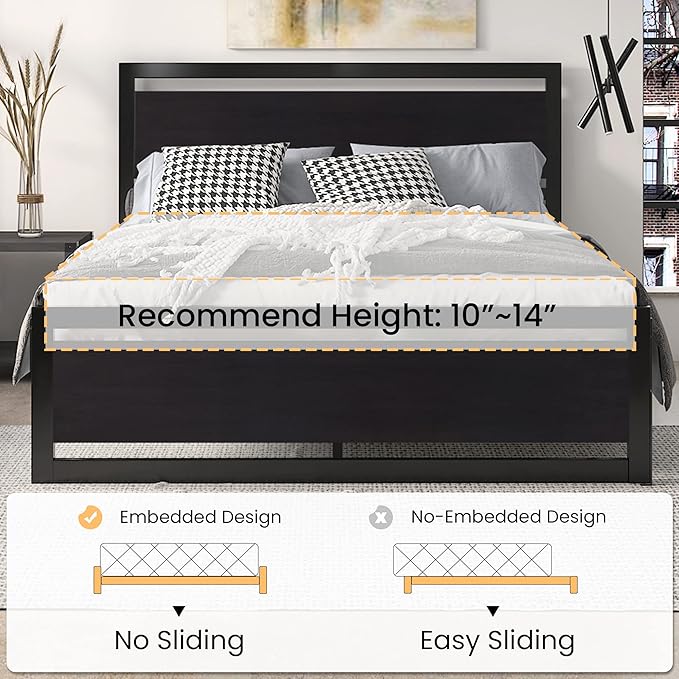 SHA CERLIN Full Size Bed Frame with Modern Headboard, Heavy Duty Platform Metal Base with Square Footboard and 13 Strong Slats Support, No Box Spring Needed, Black