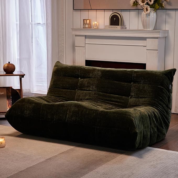 Bean Bag Chair, Loveseat Fireside Chair Large Bean Bag Sofa for Adults, Memory Foam Two Seater Couch Gaming Chairs with Comfy Design, Lazy Floor Sofa for Living Room, Bedroom, Olive Green