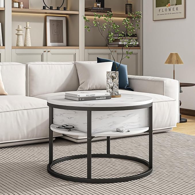 Round Coffee Table with Storage, Lift Top Coffee Table with Hidden Compartment, Farmhouse Juxing Design for Living Room, 2-Tier Small Round Dining Center, White