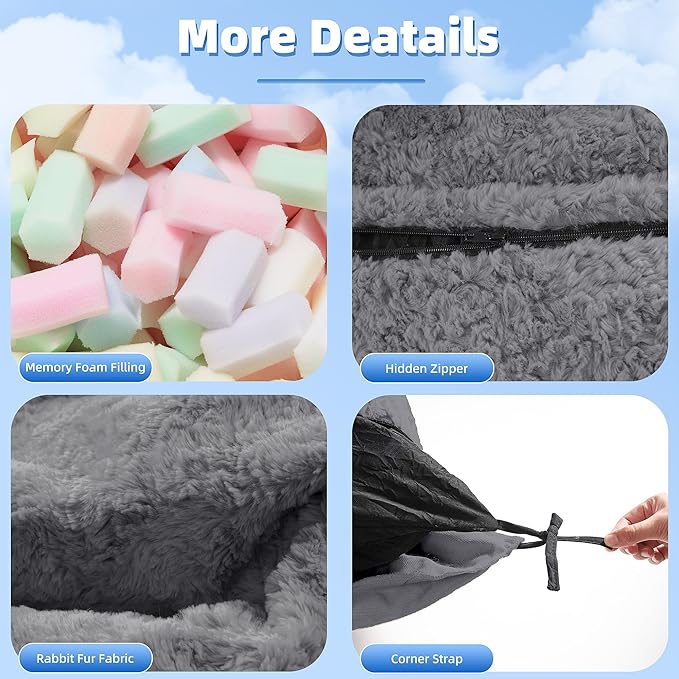HABUTWAY 4 in 1 Bean Bag Chair, Giant Memory Foam Filling Bean Bag Sofa, Adult Bean Bag Chair, Machine Washable Faux Fur Cover, Bean Bag for Adult (Light Grey)