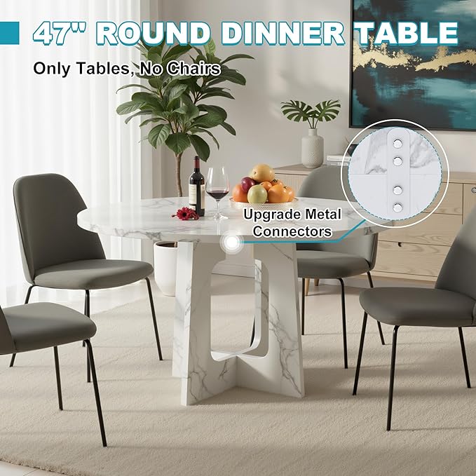 47" Round Dining Table for 4-6, Modern Small Dinner Table Farmhouse Round Kitchen Tables with Marble White Finish for Dining Room, Kitchen, Living Room, Marble White