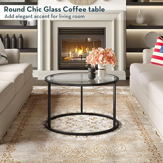 SAYGOER Round Coffee Table Glass Small Coffee Tables for Living Room, 27.6 inch Modern Center Table for Office Apartment, 5 MM Tempered Clear Glass Top, Black Metal Frame