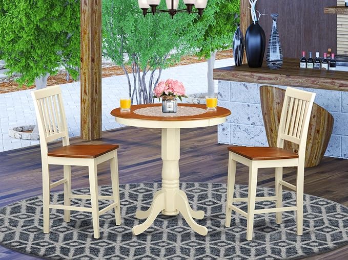 East West Furniture EDVN3-WHI-W 3 Piece Counter Height Dining Table Set Contains a Round Wooden Table with Pedestal and 2 Kitchen Dining Chairs, 30x30 Inch, Buttermilk & Cherry
