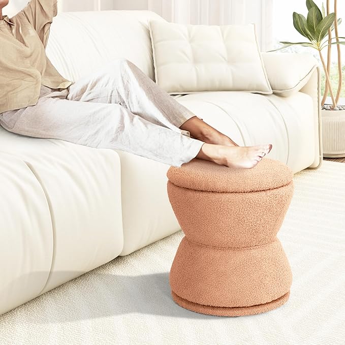 360 ° Swivel Storage Ottoman, Boucle Ottoman Vanity Stool, Upholstered Footstool with Storage Removable Lid, Modern Round Boucle Footrest Coffee Table for Living Room, Dorm, Makeup Room, Coral
