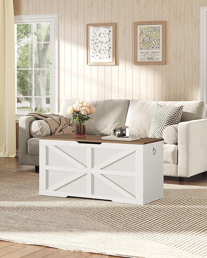 Storage Chest, 39.4" Wooden Storage Trunk, Modern Storage Bench with Safety Hinge, Toy Box, Farmhouse Style, for Bedroom, Living Room, Walnut and White MCW10WL