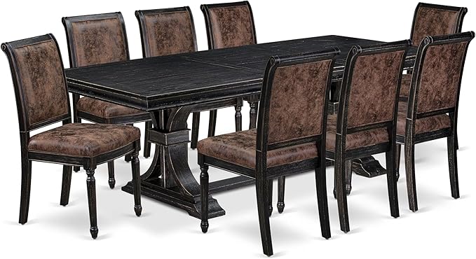 LECY9-SBB-33 9-Piece Modern Dining Table Set Consists of a Dining Table and 8 Brown Textured Polyester Fabric Dinner Chairs with High Back - Sand Blasting Black Finish