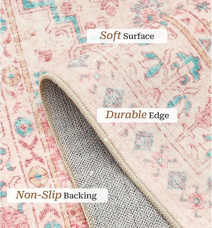 zesthome 9x12 Area Rugs for Girls Bedroom, Low Pile Machine Washable Rugs, Vintage Large Pink Rugs, Stain Resistant Nursery Room Rug, Baby Crawling Rug (Pink/Blue,9'x12')