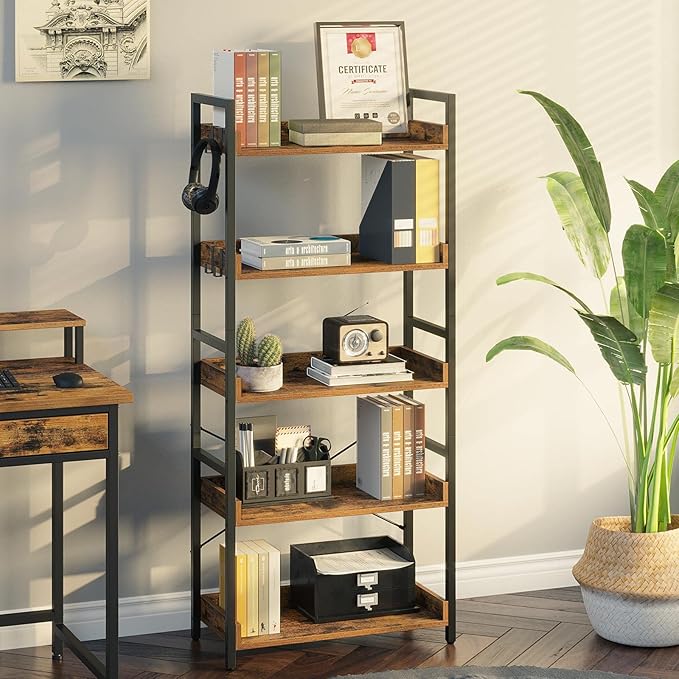 Rolanstar Bookshelf 5 Tier with 4 Hooks, Industrial Wood Bookcase, Vintage Storage Rack with Open Shelves, Rustic Standing Bookshelves Display Rack for Living Room, Bedroom, Rustic Brown
