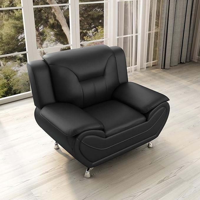 Container Furniture Direct Michael Modern Faux Leather Upholstered Stainless Steel Legs Living Room, Chair, Midnight Black