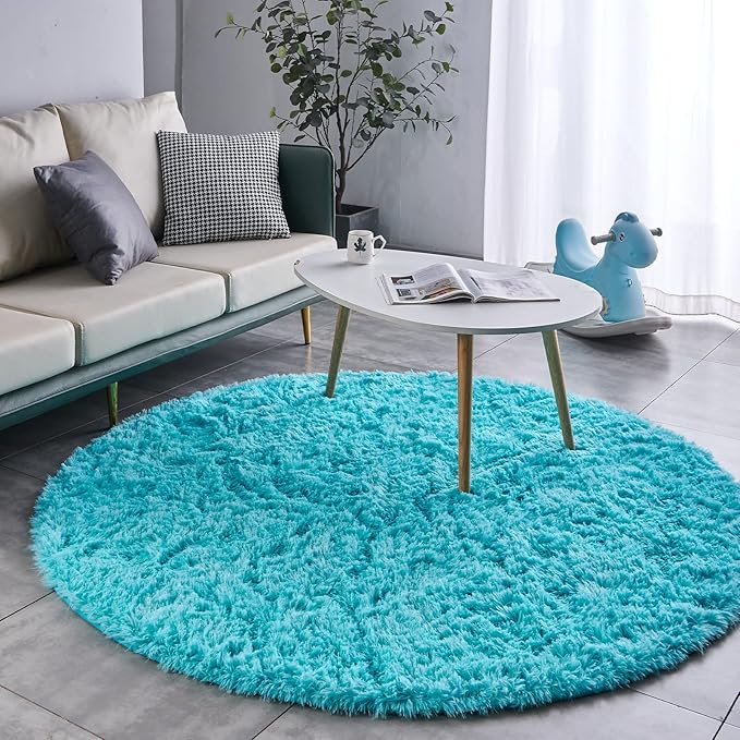 FJZFING Blue Round Rug Ultra-Soft Plush Modern 5x5 Circle Area Rug for Kid's Bedroom, Fluffy Shag Circular Rug for Nursery Room, Non-Slip Home Decor Cute Blue Carpet for Teen's Room