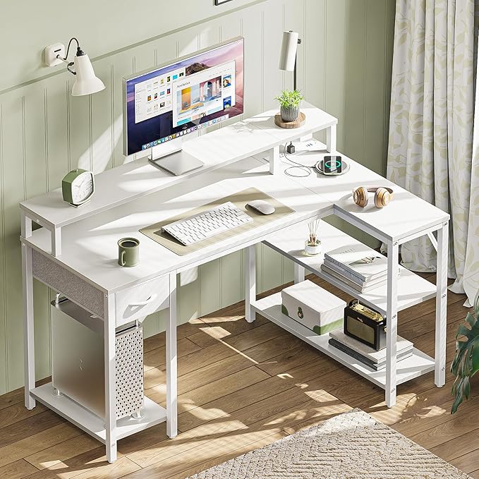 SUPERJARE 47 inch Reversible L Shaped Desk with LED Lights & Power Outlets, Computer Desk with Shelves & Monitor Stand, Gaming Desk with Drawer, Home Office Desk Corner Desk, PU White Drawer