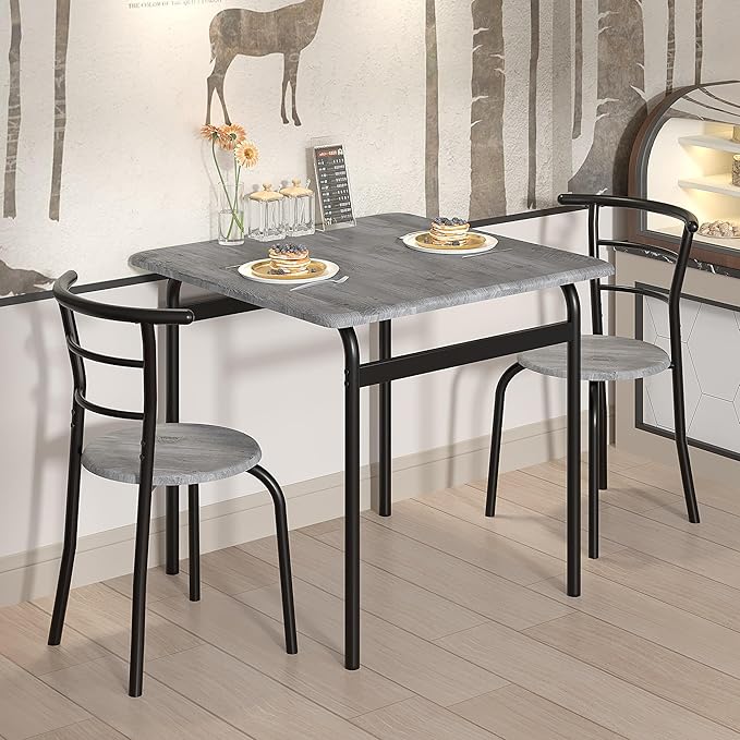VECELO 3 Piece Dining Table & Chairs Set for 2, Metal and Wooden Square Kitchen Dinette Set for Small Space, Breakfast Nook, Saving Space, Grey