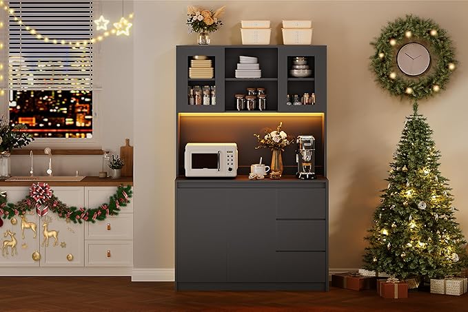 Garvee Kitchen Pantry Cabinet,71" Tall Storage Cabinet with Doors and Shelves Adjustable, Kitchen Storage Hutch with Microwave Shelf, Led Lights and Charging Station,Corner Pantry Cabinet, Black