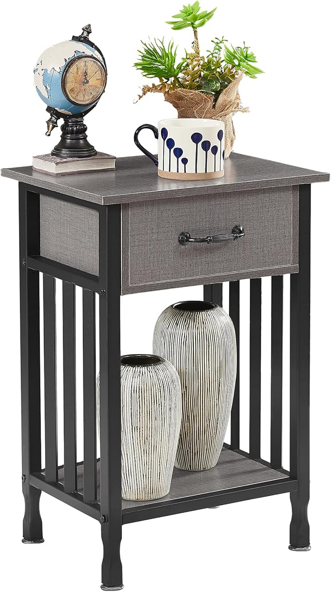 VECELO Nightstands, Industrial Side Table/End Tables with Drawer and Storage Shelf, Night Stands for Bedroom, Living Room, Wood Metal Furniture, Easy Assembly