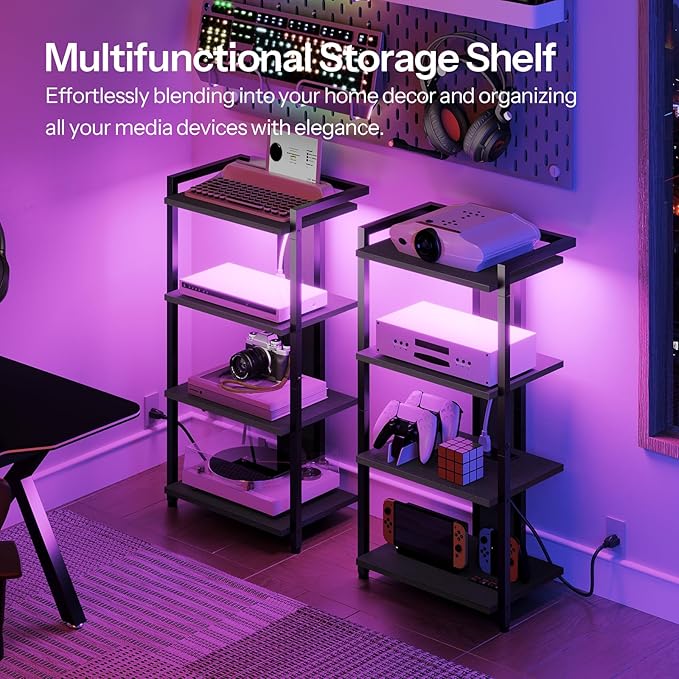 HOOBRO 4-Tier AV Media Console With Charging Station and LED Light, Wooden Stereo Cabinet, Corner TV Stand, Record Player, Entertainment Device, Black BB38UDCJ01
