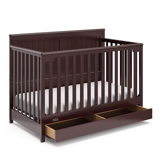 Graco Hadley 5-in-1 Convertible Crib with Drawer (Espresso) – GREENGUARD Gold Certified, Fits Standard Crib Mattress, Converts to Toddler Bed, Daybed and Full Bed, 4 Adjustable Mattress Heights