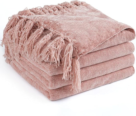 Chenille Throw Blanket for Couch 50"X 60", Soft Cozy Throws with Fringe Tassel for Bed Sofa Chair Cover, Lightweight Knitted Decorative Boho Blankets for Living Room, Dusty Pink