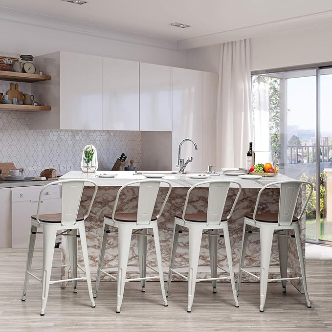 Yongqiang 30 inch Bar Stools Set of 4 Farmhouse Bar Height Stools High Back Kitchen Bar Chairs Cream White Metal Barstools with Large Wooden Seat