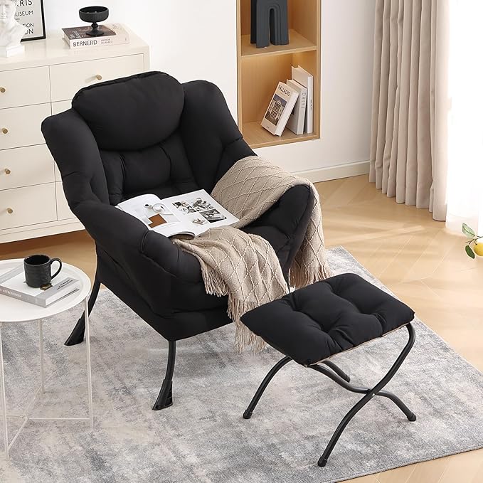 LITA Lazy Chair With Ottoman, Modern Accent Leisure Upholstered Sofa, Contemporary Lounge Reading With Armrests and Side Pocket for Living Room, Bedroom & Small Space, Black