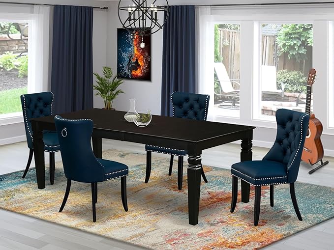 East West Furniture LGDA5-BLK-29 5 Piece Dining Set Includes a Rectangle Wooden Table with Butterfly Leaf and 4 Polyester Fabric Upholstered Chairs, 42x84 Inch, Black