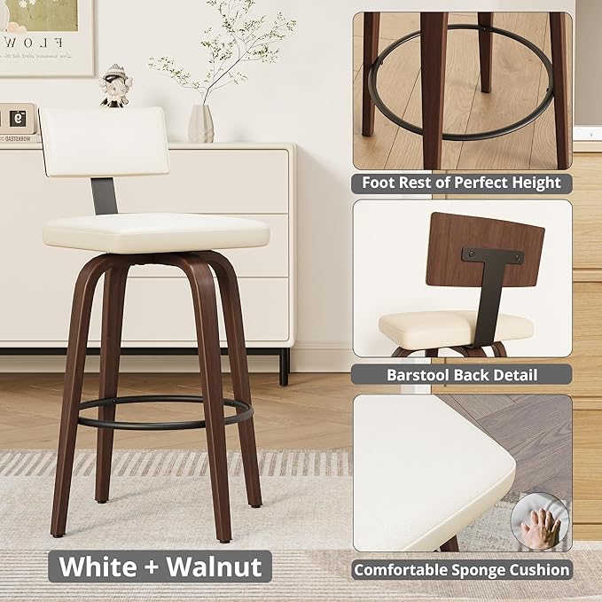 IRONCK Counter Height Bar Stools Set of 2, 29'' Faux Leather Upholstered Barstools with Back, Footrest, Wood Texture Bent Legs, Mid-Century Modern 360° Swivel Bar Stools for Kitchen Island, White