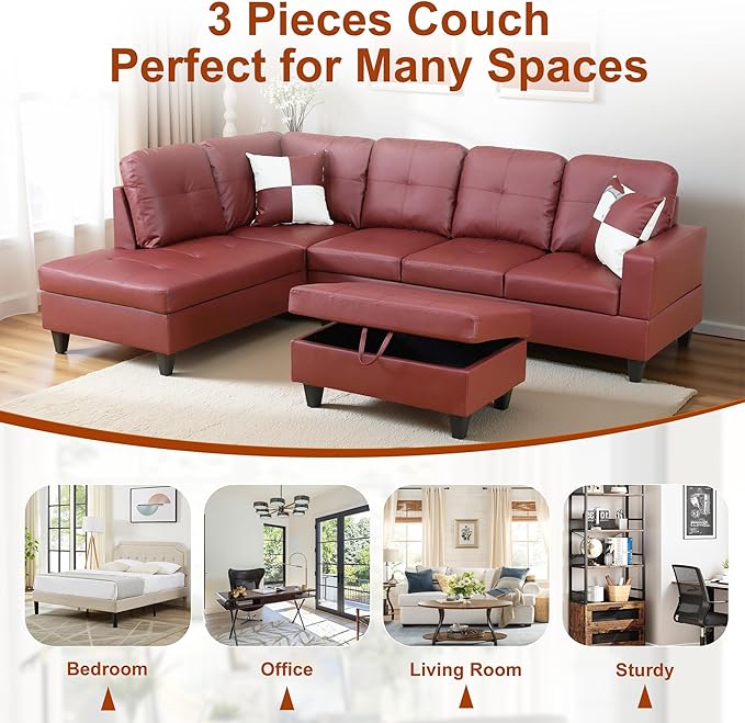 Osparple L Shaped Couch Faux Leather Sectional Couches for Living Room Upholstered 3 Pieces Modular Sectional Sofa with Chaise, Ottoman with Storage for Living Room and Small Apartment, Dark Red