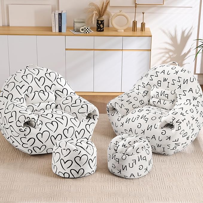 DAICO Bean Bag Chairs for Adults Comfy Accent Chair with Ottoman Floor Sofa Beanbag Couch with Armrests White Single Lazy Sofas with Foam for Living Room Reading Bedroom Gaming (Letter Pattern)