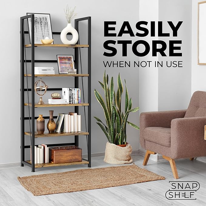 5 Tier Wood Book Shelf Organizer, No Assembly Bookshelf for Bedroom Living Room Office, Rustic Foldable Book Case, Tall Bookshelves, Open Book Shelves, Decorative Folding Shelf Display, Tall Bookcase
