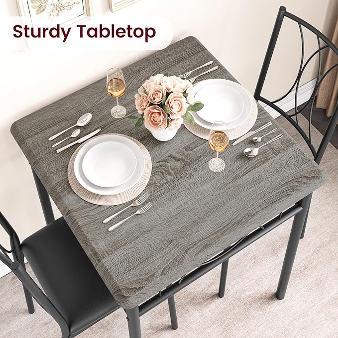 CABIHOME Dining Table Set for 2, 3 Piece Kitchen Table Set with 2 Upholstered Chairs, Square Kitchen Table Set for Small Space, Apartment, Dining Room, Retro Gray