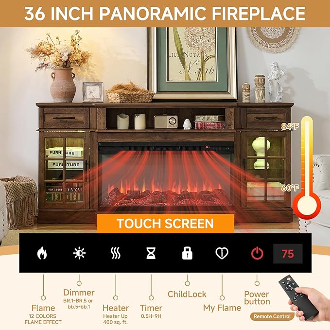 ROCKPOINT 3 Sided Glass 70" Fireplace TV Stand for TVs up to 80",Entertainment Center with Drawers and Glass Door Storage Cabinet for Living Room,36"Electric Fireplace & Adjustable LED Light ,Espresso