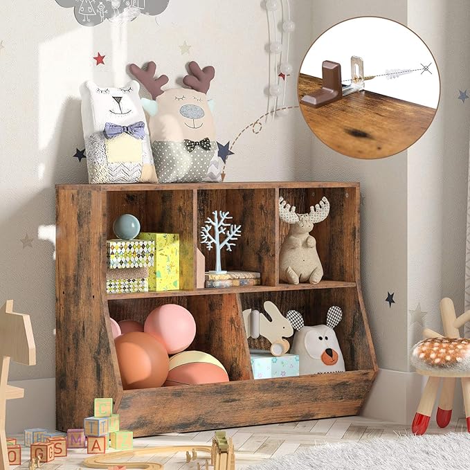 HOOBRO Kids Bookshelf, Bookcase Footboard, Toy Storage Cubby, Children's Toy Shelf, 39.4" L Toy Storage Cabinet, Fit for Children's Room, Playroom, Hallway, Kindergarten, Rustic Brown BF132CW01