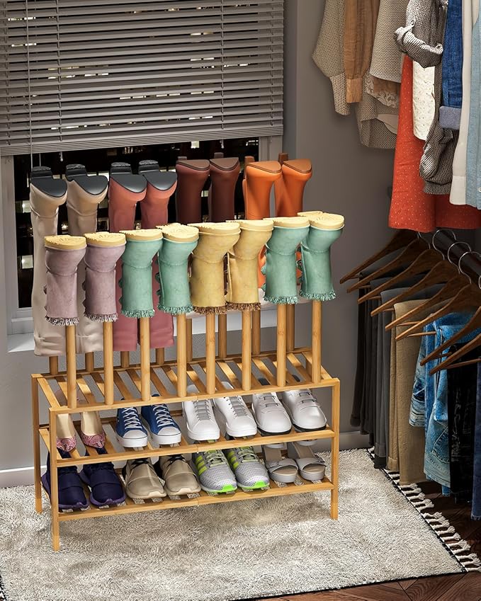 Boot Rack with Shoe Rack, Long Boot Rack Organizer Tall Boots for Closet, Bamboo Wood Shoe Shelf Storage Organizer for Entryway Small Space
