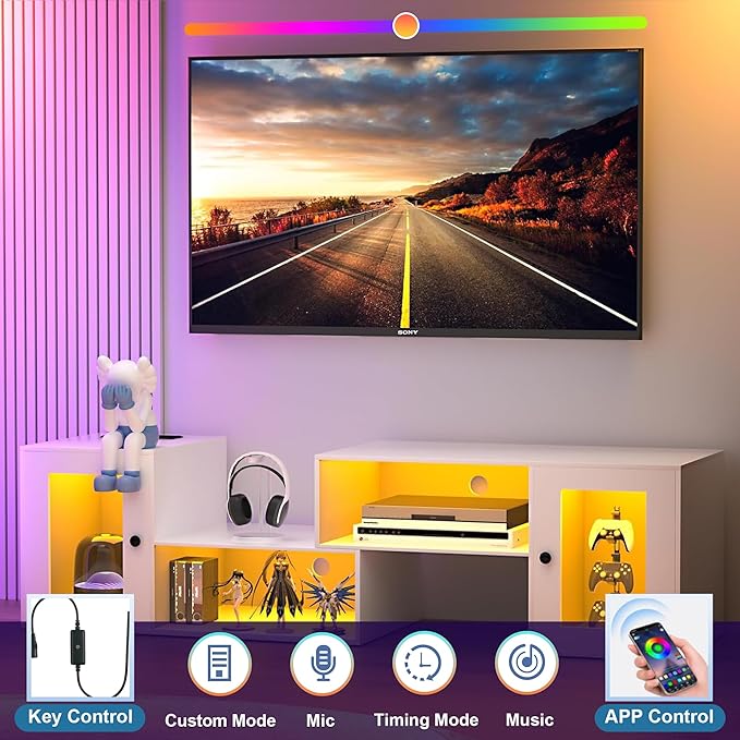 VECELO LED TV Stand for Televisions up to 70 Inchs Modern Entertainment Center with Storage Media Console with 23 Flashing Options and 4 Customizable Modes for Living Room, Bedroom