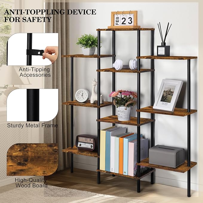 Shinoske 4-Tier Bookshelf,Small Triple Wide Bookcase for Books,CDs,Movies,Display Shelf with 10 Open Shelves for Living Room,Home Office,Balcony,Rustic Brown