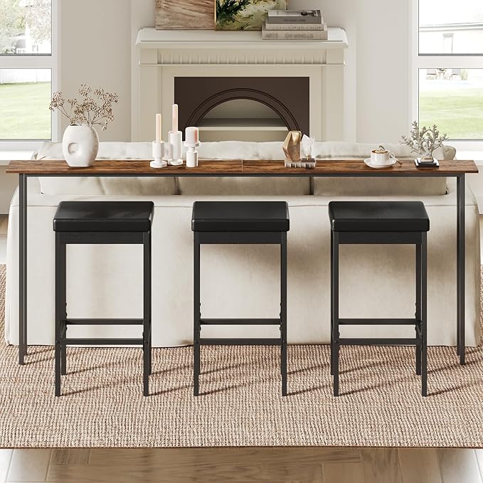 HOOBRO Bar Stools, Set of 3 Modern Black Rectangular Bar Chairs, 24.8-Inch Height, 2" Thick Upholstered Seat with High-Density Sponge, for Kitchen, Dining Room, Cafe, Bar Counter