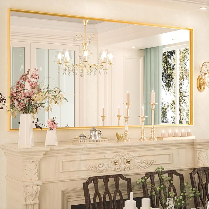 Keonjinn Large Gold Bathroom Mirror 72" x 36", Brushed Gold Rectangular Mirror for Wall, Oversized Metal Framed Mirror, Square Corner, Modern Farmhouse Decorative(Horizontal/Vertical)