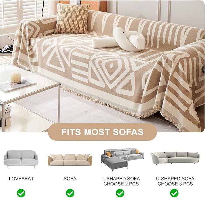 STACYPIK Thick Boho Sofa Cover Beige Khaki Triangle Plaid Couch Cover Skin Pet-Friendly Chenille Sofa Protector for 3 Cushion Couch Reversible Couch Cover Tassel Washable Sectional Sofa Cover-91X134IN