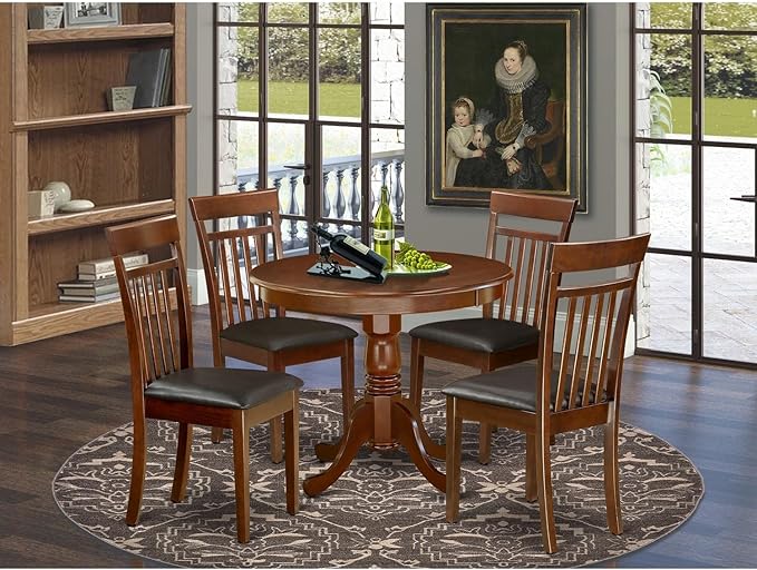 East West Furniture ANCA5-MAH-LC 5 Piece Dining Table Set for 4 Includes a Round Kitchen Table with Pedestal and 4 Faux Leather Dining Room Chairs, 36x36 Inch, Mahogany